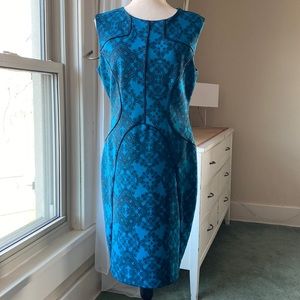 Worthington sleeveless lace print teal black pencil cut modest knee length dress